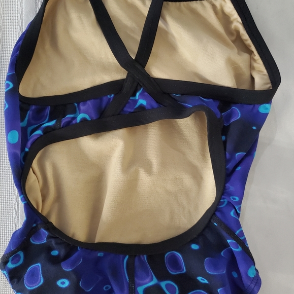 VTG Speedo Girls 1 Piece Purple Blue Abstract Geometric Pickaboo Back Swimsuit - Picture 8 of 9
